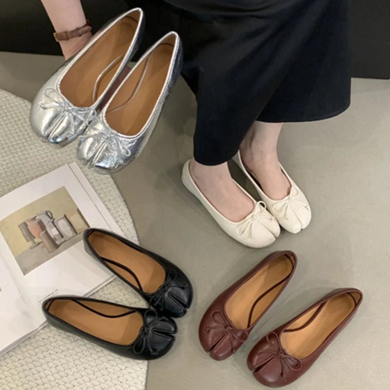SEAME - Almira Soft Ballet Flats for Women with Bow Knot Detail, Slip - On Ballerina Shoes Black 36