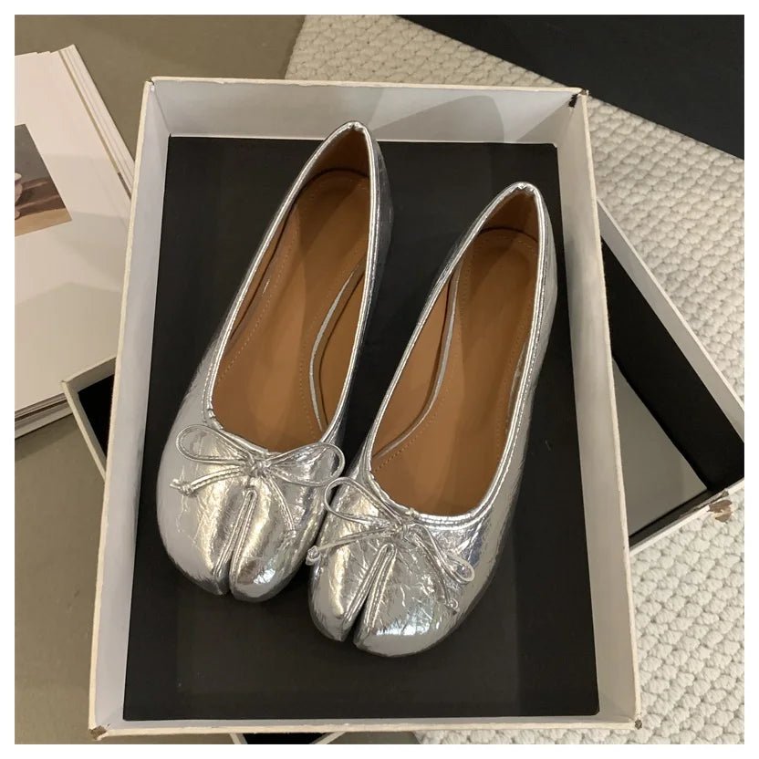SEAME - Almira Soft Ballet Flats for Women with Bow Knot Detail, Slip - On Ballerina Shoes Silver 39
