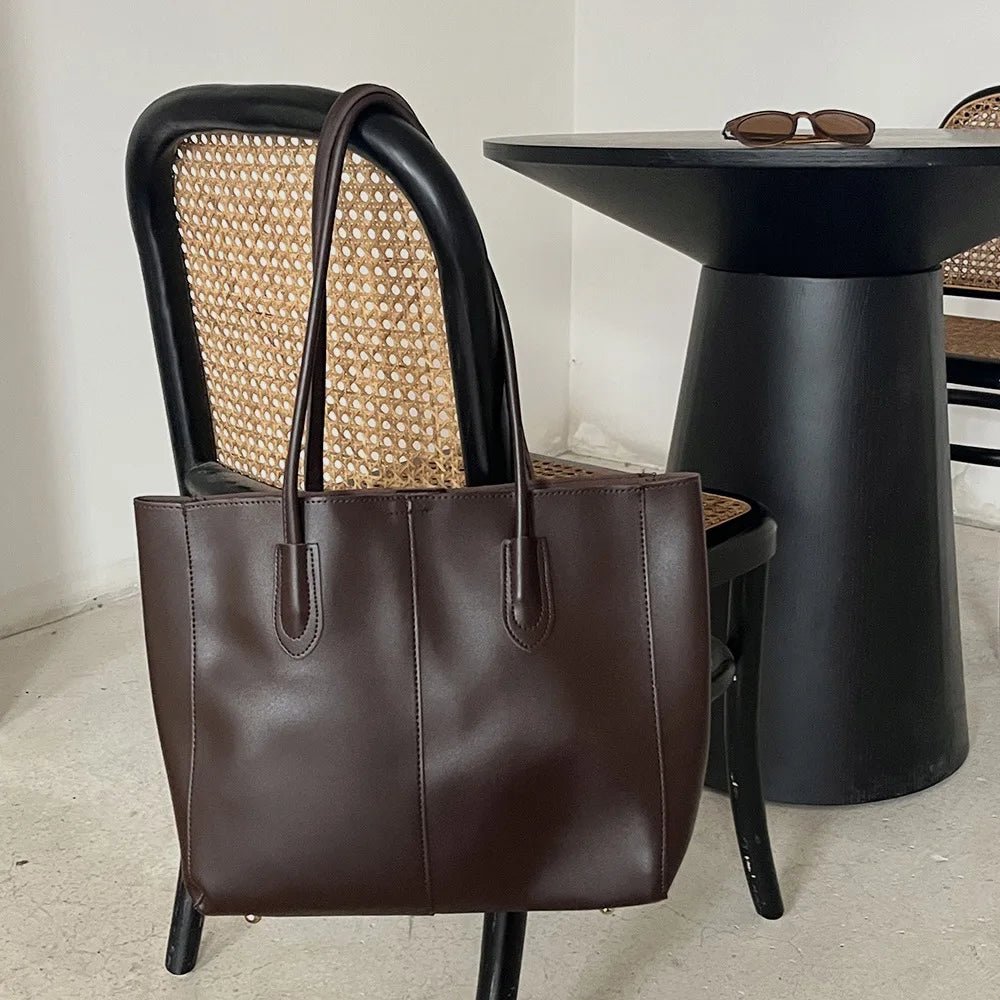 SEAME - Camille Leather Tote Bag - High - Capacity Fashion Handbag for Women Black
