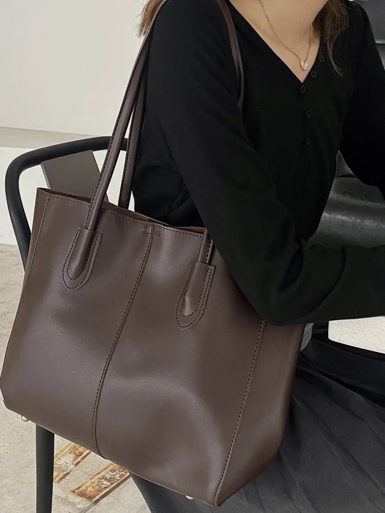 SEAME - Camille Leather Tote Bag - High - Capacity Fashion Handbag for Women Black