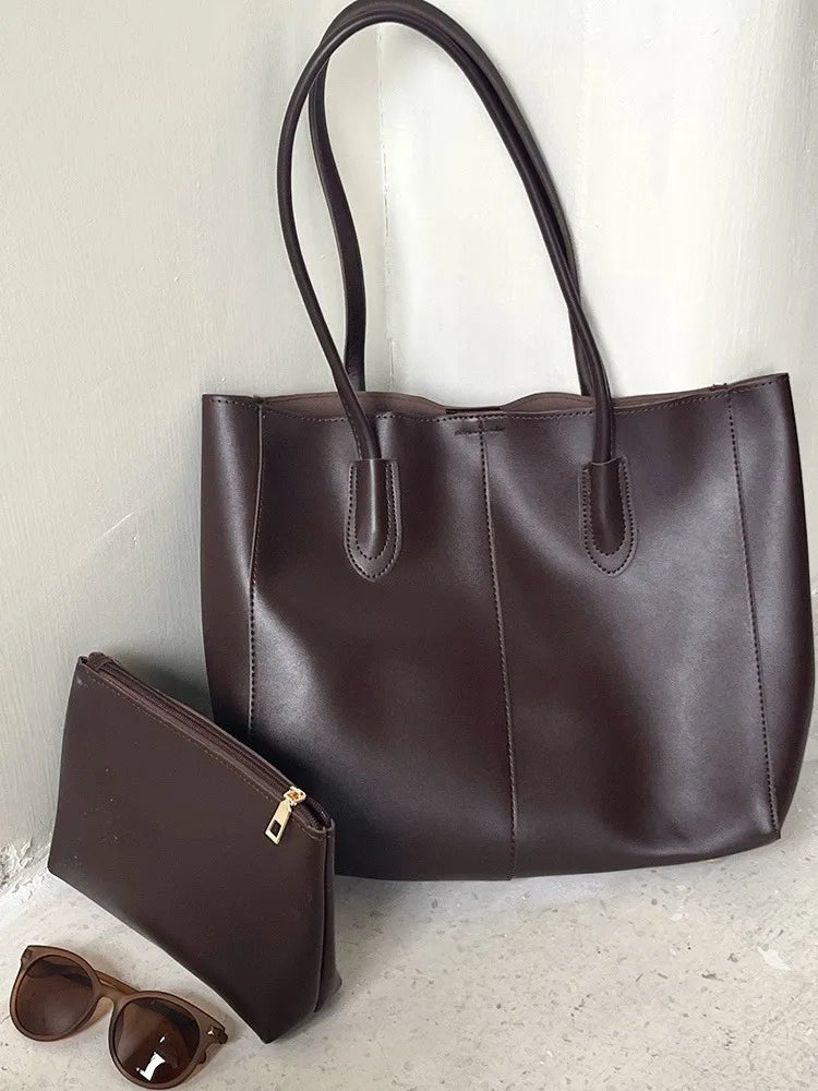 SEAME - Camille Leather Tote Bag - High - Capacity Fashion Handbag for Women Black