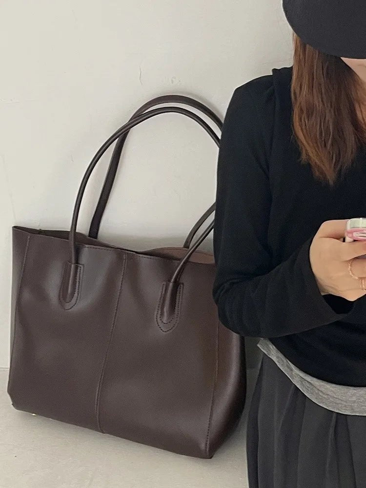 SEAME - Camille Leather Tote Bag - High - Capacity Fashion Handbag for Women Black