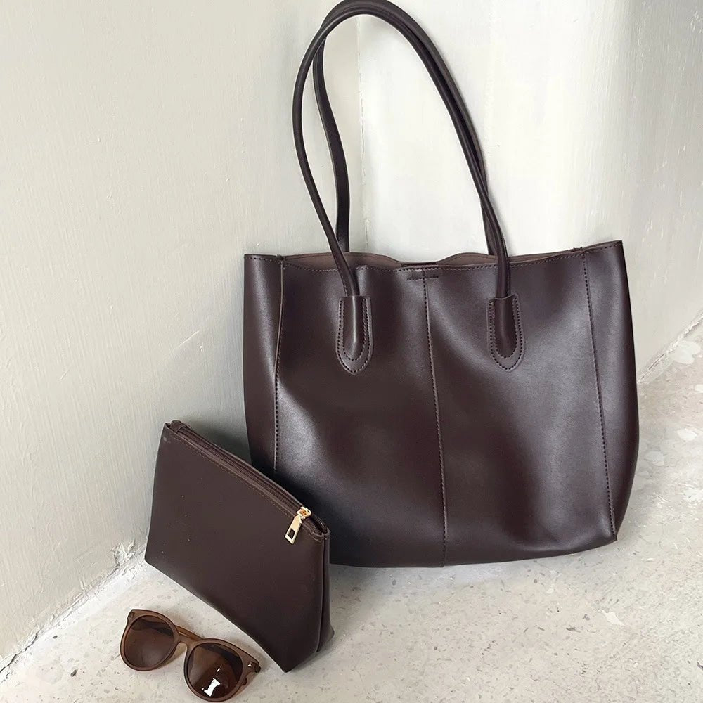 SEAME - Camille Leather Tote Bag - High - Capacity Fashion Handbag for Women Dark Brown