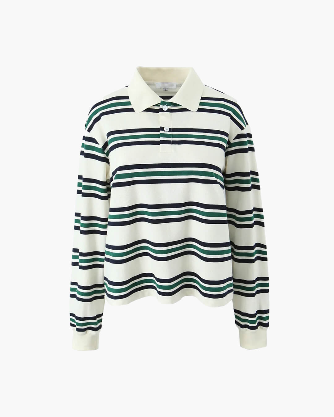 SEAME - Chelsea Women's Polo Shirt - Striped Casual Top with Button Detail Green Stripe Long Sleeve S