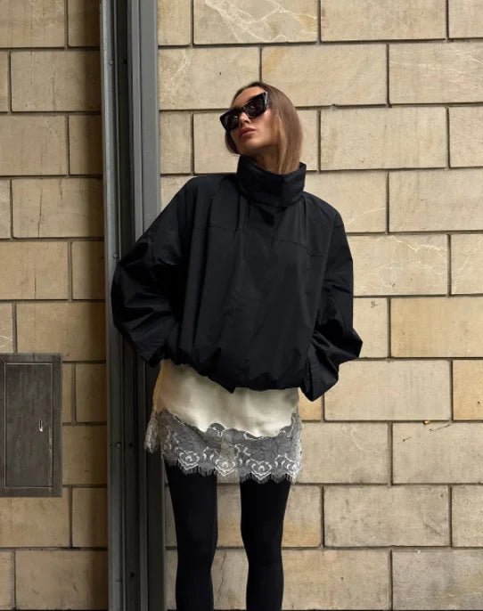 SEAME - Francesca Women's Jacket - Stylish Windbreaker Cropped Bomber with Stand Collar Black S