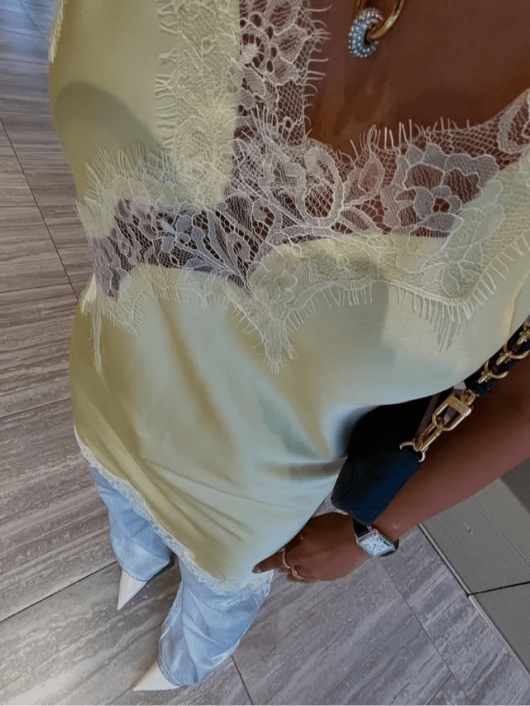 SEAME - Josephine Elegant Lace Top for Women - Strappy Backless Summer Camisole Blue XS