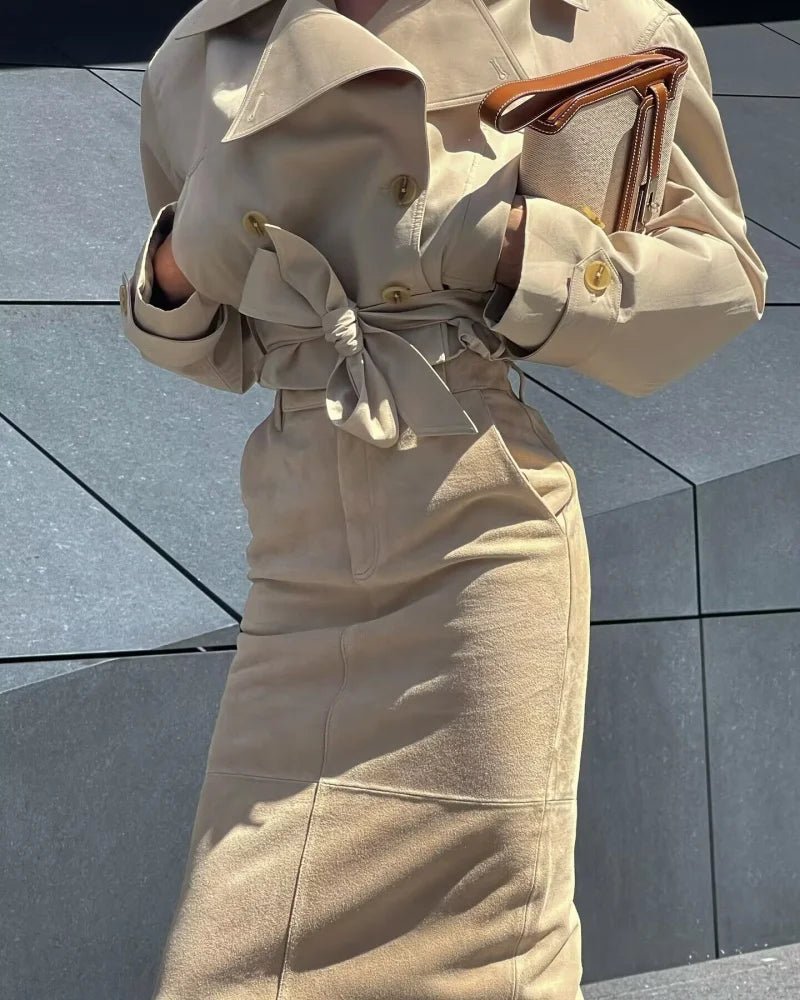 SEAME - SEAME - Women's Double - Breasted Trench Coat - Stylish Long Sleeve Jacket with Belted Waist Beige S