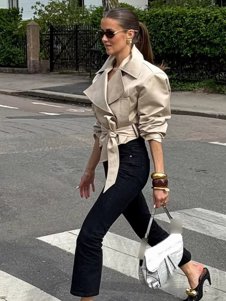 SEAME - SEAME - Women's Double - Breasted Trench Coat - Stylish Long Sleeve Jacket with Belted Waist Beige S