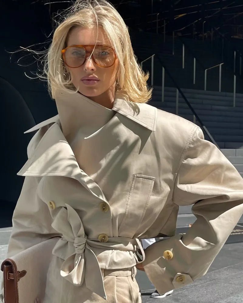 SEAME - SEAME - Women's Double - Breasted Trench Coat - Stylish Long Sleeve Jacket with Belted Waist Beige S