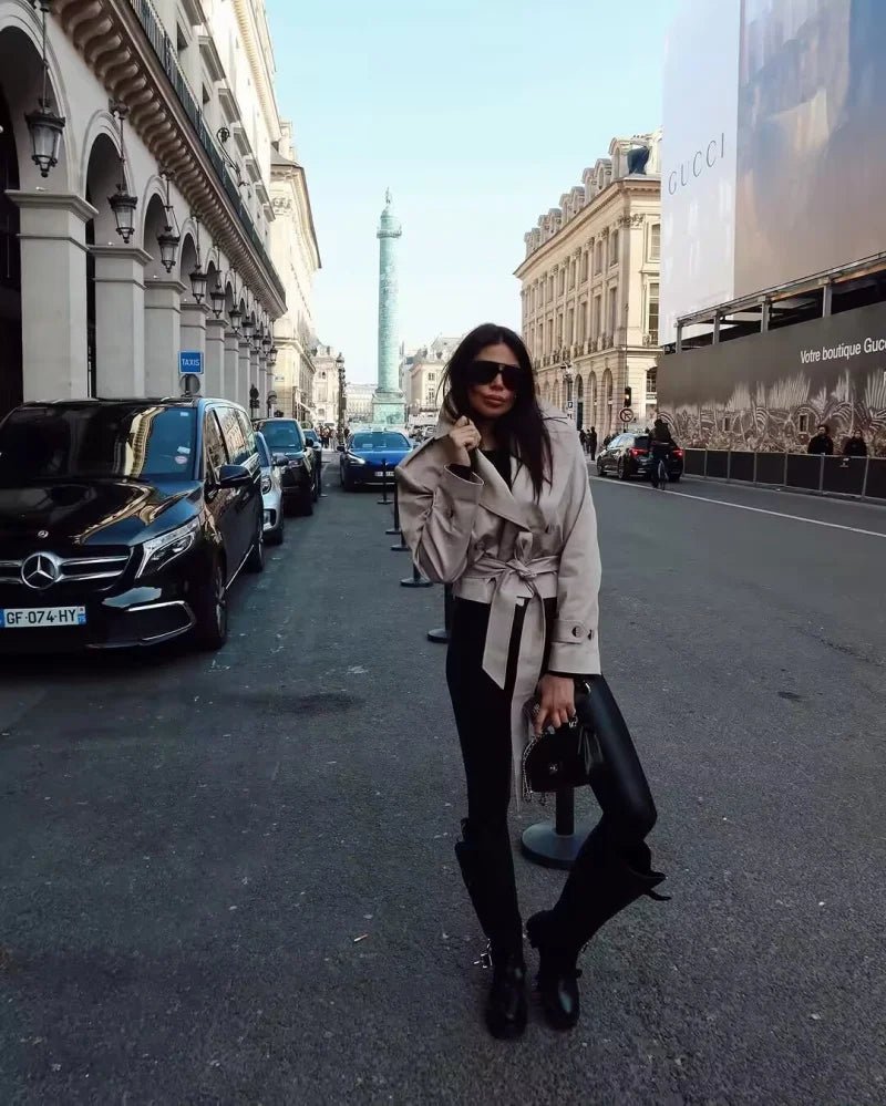 SEAME - SEAME - Women's Double - Breasted Trench Coat - Stylish Long Sleeve Jacket with Belted Waist Beige S