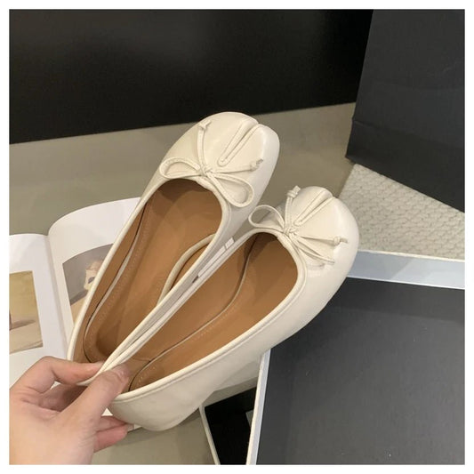 SEAME - Almira Soft Ballet Flats for Women with Bow Knot Detail, Slip - On Ballerina Shoes Beige 39