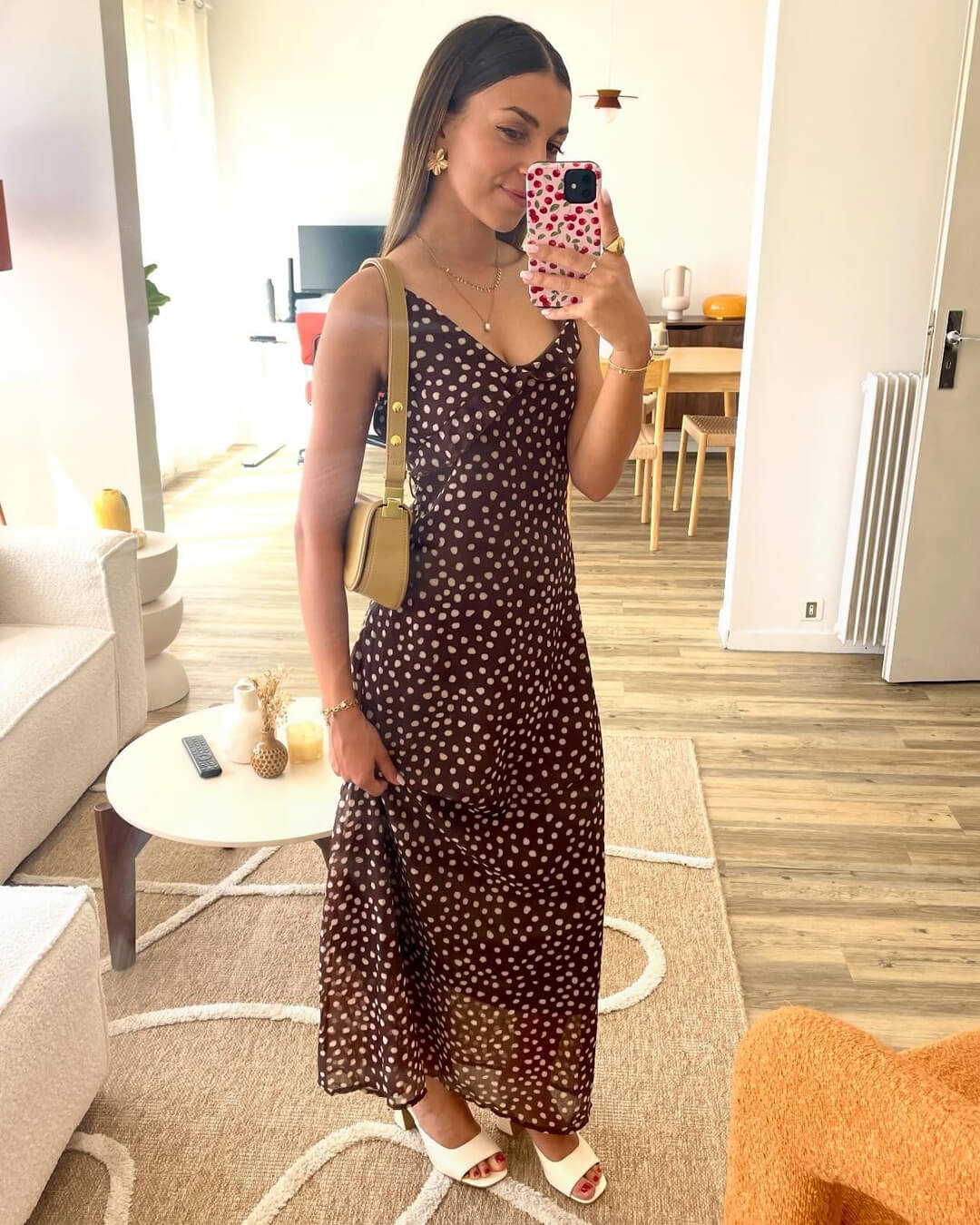 SEAME - Eloise Women's Dress - Sleeveless Polka Dot Suspender with Layered Design Brown M