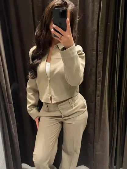 SEAME - Emmy Women's Streetstyle Set - Casual 2 - Piece Jacket and Trouser Outfit Beige XS