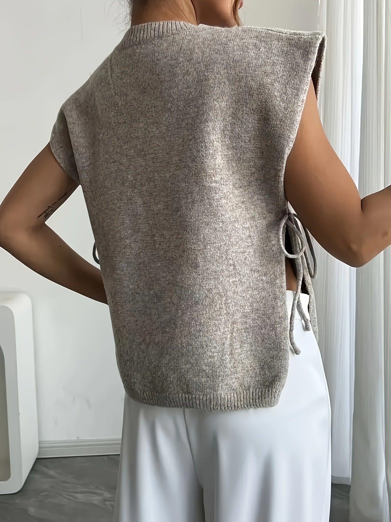 SEAME - Lauren Knitted Pullover Top with Bows Beige M