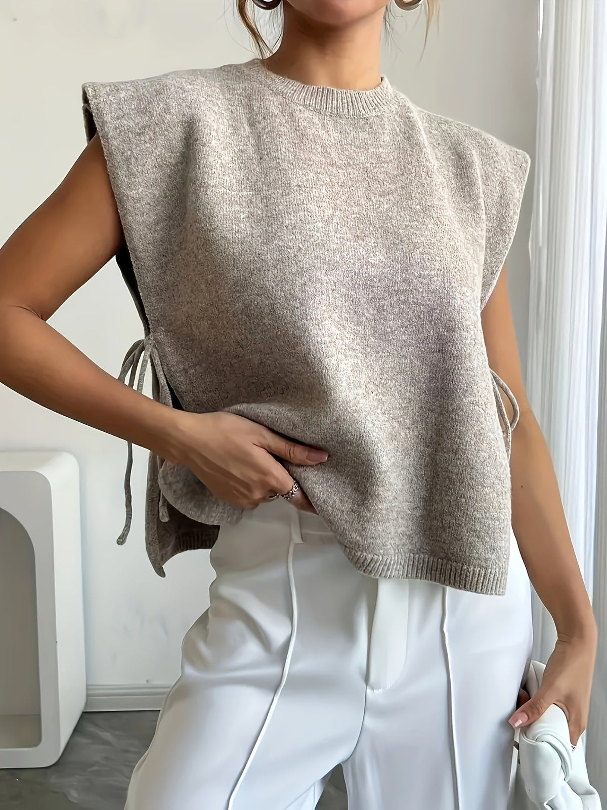 SEAME - Lauren Knitted Pullover Top with Bows Beige XS