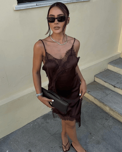 SEAME - Pia Asymmetric Satin Lace Cocktail Dress Brown Dress L