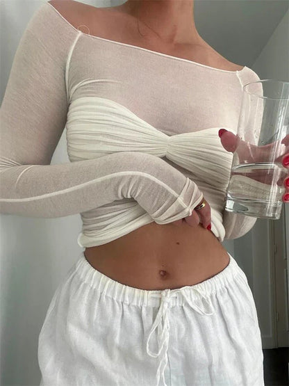 Seame - Sara Mesh Sheer Off - Shoulder Top white S