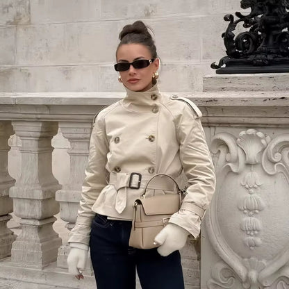 SEAME - Seame Women's Cropped Trench Coat - Stylish Spring Jacket with Belt Beige S