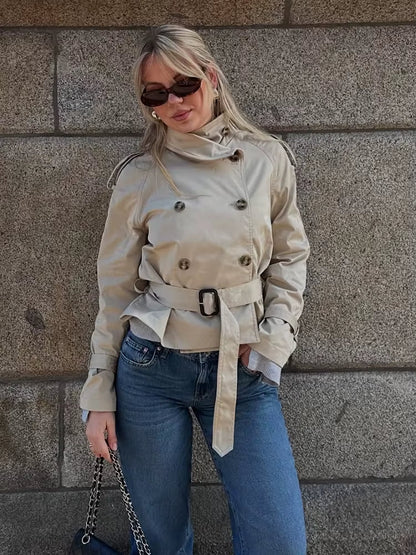 SEAME - Seame Women's Cropped Trench Coat - Stylish Spring Jacket with Belt Beige S