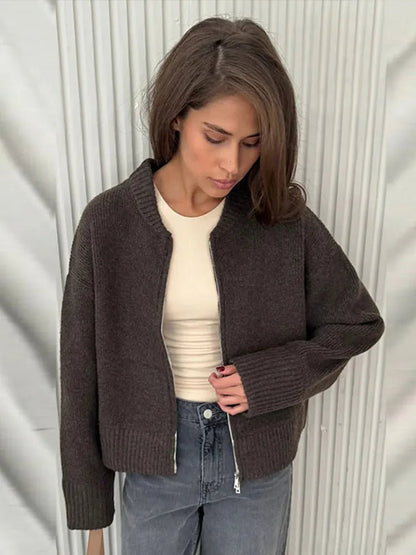 SEAME - SEAME Women's Long Cardigan Sweater with Zipper Closure - Elegant Knit Design Beige S