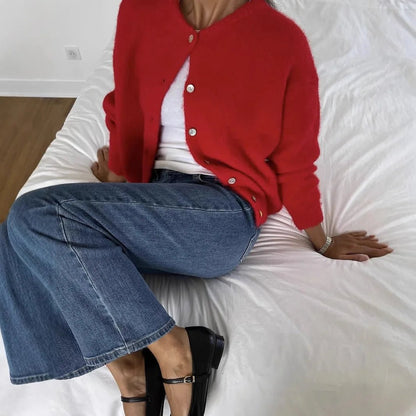 SEAME - SEAME Women's Long Vintage Knitted Cardigan - Casual Cardigan Red M