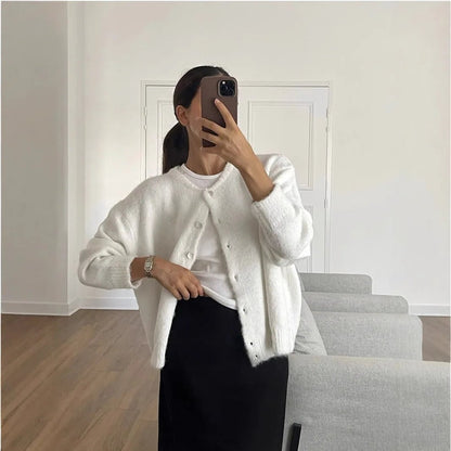 SEAME - SEAME Women's Long Vintage Knitted Cardigan - Casual Cardigan White M