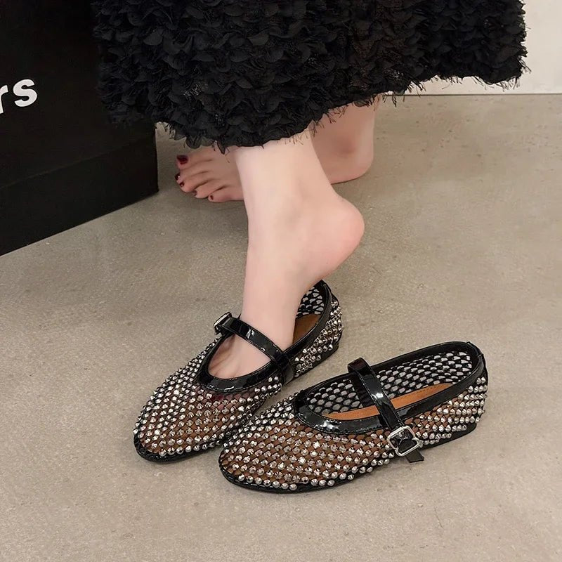 SEAME - SEAME Women's Rhinestone Mesh Ballerina Shoes with Soft Sole Comfort White 35